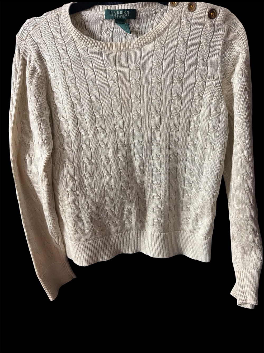 Ralph Lauren Cream Cable-Knit Crewneck Sweater with Shoulder Buttons
